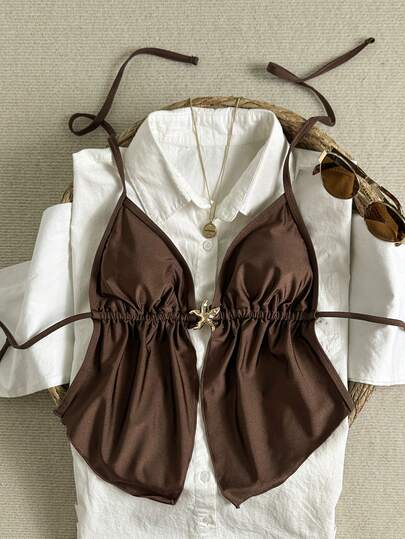 Swim Basics 女士夏季沙滩度假海星装饰系带露背三角罩杯泳衣上装