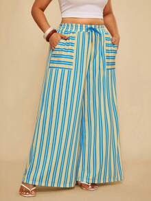 Travachic 大码女式休闲度假撞色条纹印花抽绳腰侧口袋宽松阔腿裤，适合夏季、春季、外出、度假、休闲、波西米亚风、度假风、海岛风、哈瓦那风、热带风、墨西哥风等各种场合。 - 藍色 - 查看 3