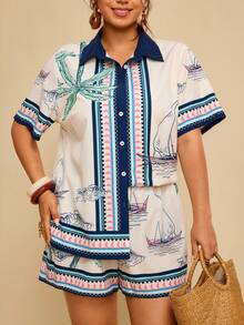 Travachic 大码休闲度假热带波西米亚风水果植物印花不对称短袖衬衫上衣+沙滩短裤两件套女装 - 彩色 - 查看 7