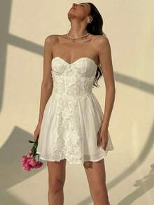 Aloruh Women's Lace Embroidered Bustier Mini Dress, Romantic Fit-And-Flare Silhouette, Wedding Season - White - View 7