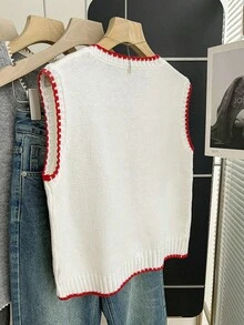 Franclia Áo khoác len dệt kim nhiều lớp phối màu tương phản kiểu Hàn Quốc mới dành cho nữ, áo cardigan không tay thời trang và trẻ trung, áo cardigan dệt kim hở nghệ thuật cho mùa thu/đông, áo len gile cho nữ, áo kiểu Trung Quốc, áo dây xích, áo sơ mi họa tiết hoa anh đào, áo len trắng, áo len viền đỏ, áo len gile không tay cho nữ. - Đỏ và trắng - Xem 2