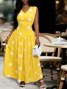 Xyvia Rochie lungă casual cu buline, de primăvară/vară, cu decolteu în V, pentru femei, proaspătă și tinerească, potrivită pentru naveta și întâlniri - Galben de gâscă - Vizualizare 3