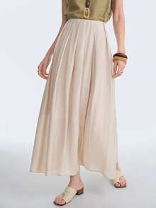 Aalyst Chân váy chữ A xếp ly eo bằng vải lanh dành cho nữ, thích hợp cho kỳ nghỉ, đi làm, mặc vào mùa xuân và mùa hè. - Màu be - Xem 4