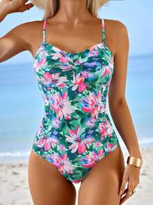 Swim Lushoire Women's Summer Beach Casual Vacation Random Floral Print Twist Ruched One-Piece Swimsuit - Multicolor - View 1