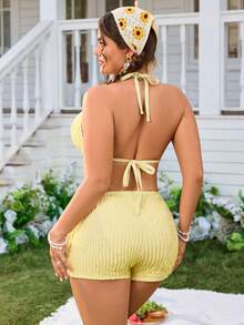 Swim Mod 大码女式三件套抽绳三角内裤和高腰短裤休闲泳装套装 - 黃色 - 查看 2