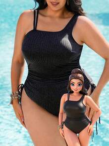 Swim Lushoire Plus Size Women's Solid Color Casual One-Piece Swimsuit - Black - View 1
