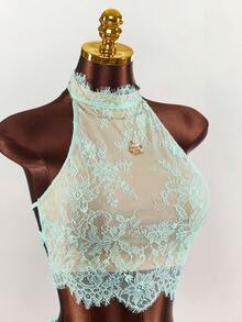 Amplova Women's Sexy Contrast Lace Halter Top And Mini Skirt 2 Pieces Set, Summer - Mint Green - View 5