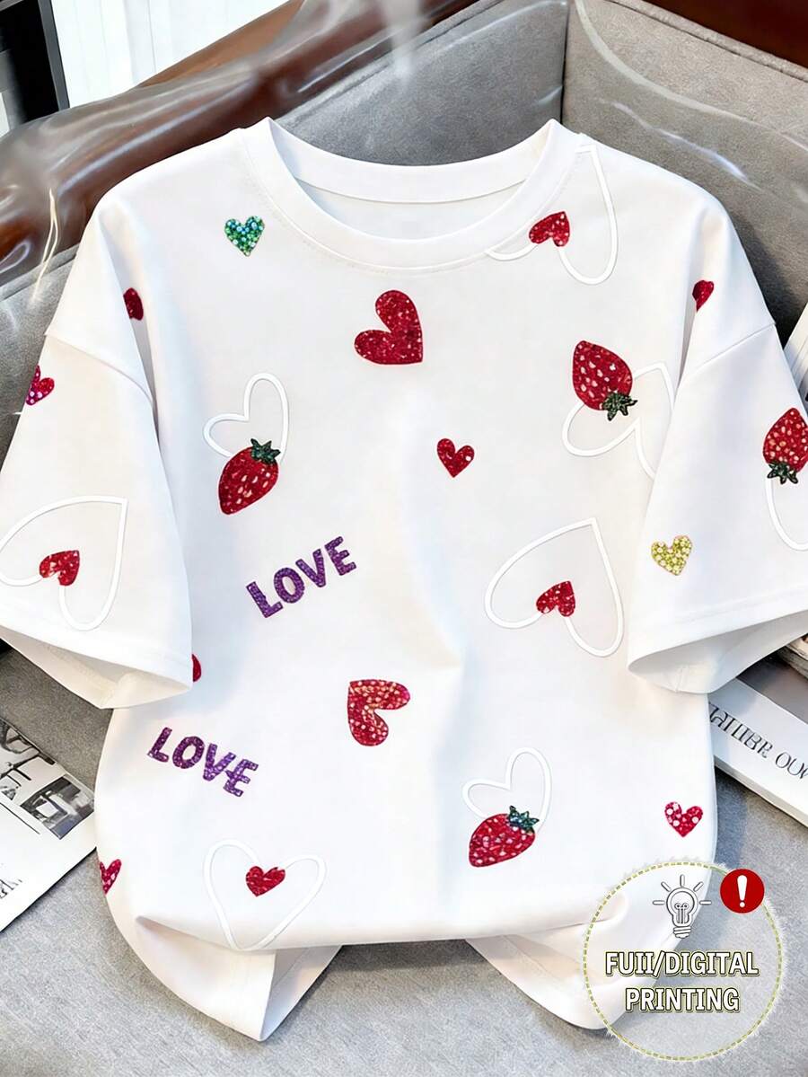 Resyla Women's Casual Strawberry Print Short Sleeve T-Shirt, Summer - White - View 1
