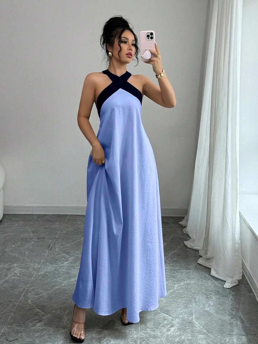 SHEIN Raffinéa Contrast Color Halter Backless Bow Tie Sleeveless Dress, Casual Resort Style For Women - Blue - View 1