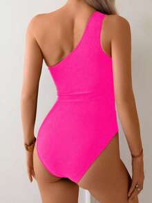 Swim Lushoire 女士春假连体泳衣，纯色网纱拼接，时尚不对称单肩露背设计，休闲优雅度假泳装 - 彩色 - 查看 2