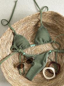 Swim Mod 女士纹理串珠吊带比基尼套装，春夏款 - 軍綠色 - 查看 1