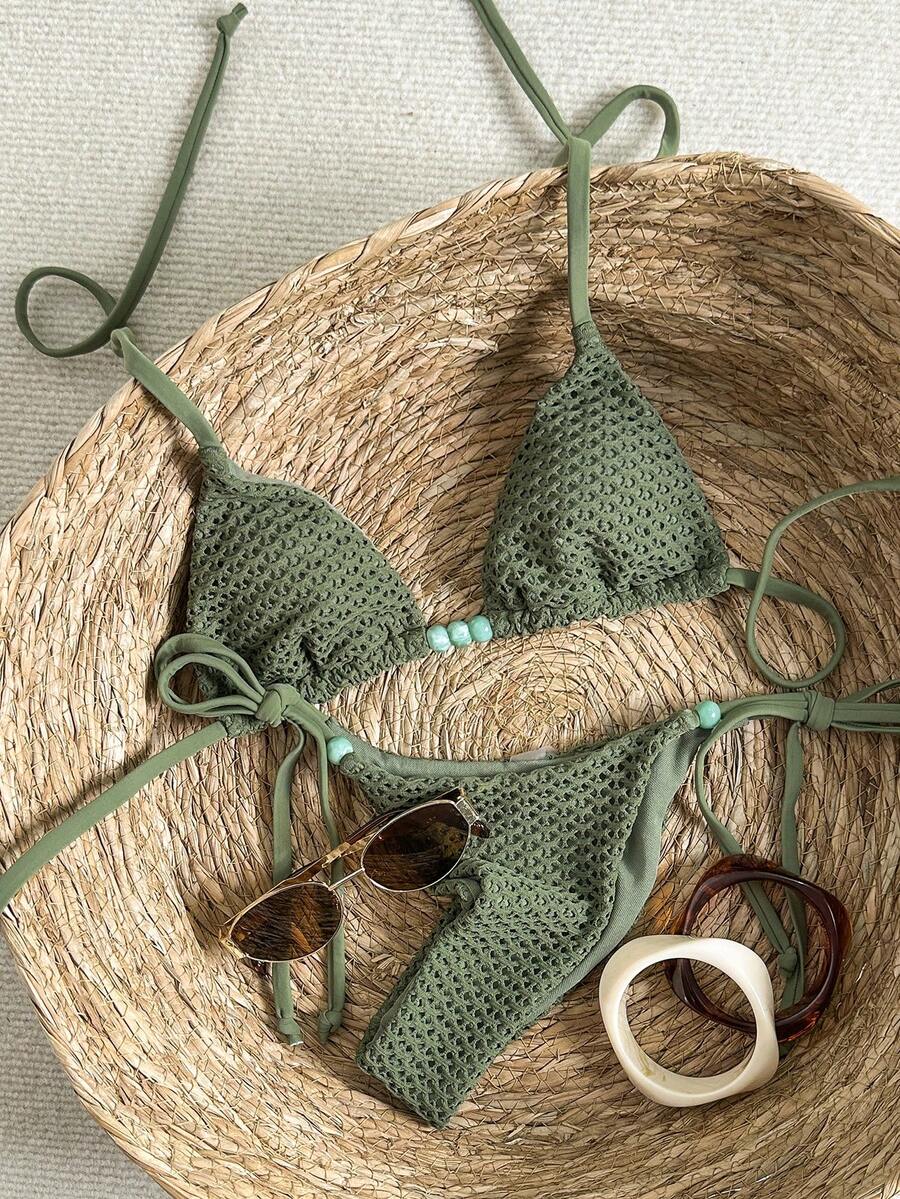 Swim Mod 女士纹理串珠吊带比基尼套装，春夏款 - 軍綠色 - 查看 1