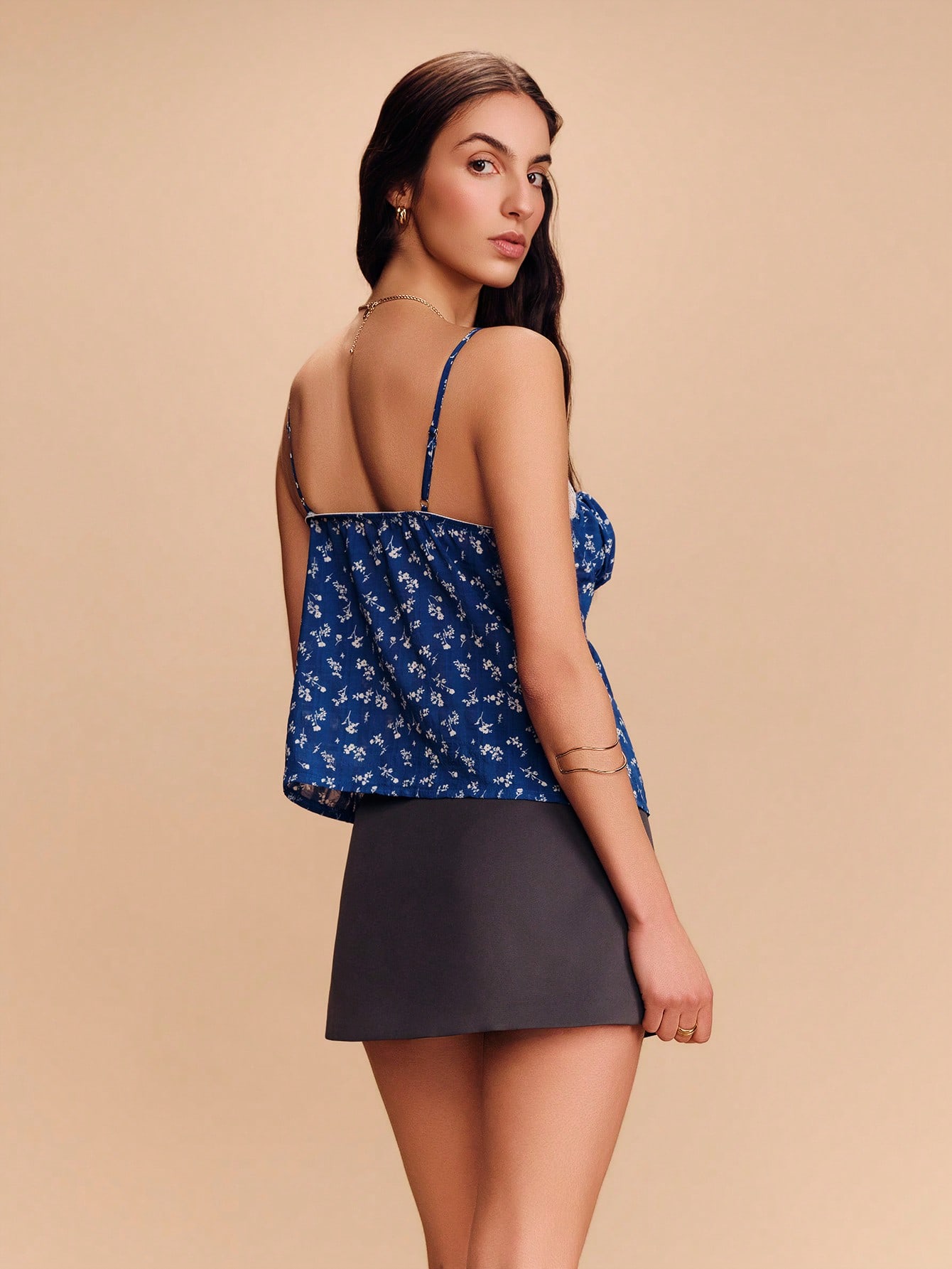 Navy Floral Print Cami With White Lace Details Cute Summer Top Spring Summer French Style Parisian Style