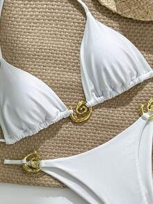 Swim Chiccia Women's Solid Color Fashionable Sexy Bikini Set - White - View 4