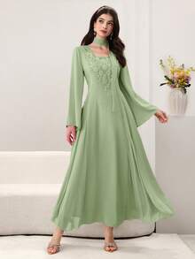 Al Najma Đầm dạ hội nữ cổ chữ V, đính cườm, thêu hoa, xếp nếp, phối lưới, ôm sát, tay dài, dáng xòe thanh lịch, màu hồng. - màu xanh lá - Xem 8