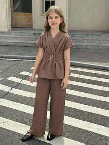 SHEIN Tween 女童宽松落肩双层腰带衬衫上衣和裤子两件套，优雅 - 卡其色 - 查看 6