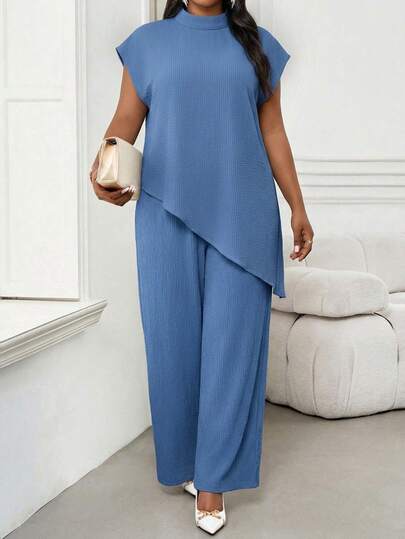 SHEIN Lady 大码女式纯色立领不对称下摆短袖上衣