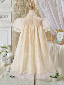 Glamorique Tween Girl Girls Elegant Lace Trim Puff Sleeve Cinched Waist Apricot Princess Dress, Summer - Apricot - View 2