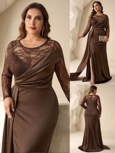 Coutiva Elegant Solid Color Lace Patchwork Plus Size Mother Of The Bride Dress Brown Formal Dress Women Long Sleeve Formal Dress Brown Wedding Guest Dress Brown Dresses Classy Elegant Brown Bridesmaid Dress