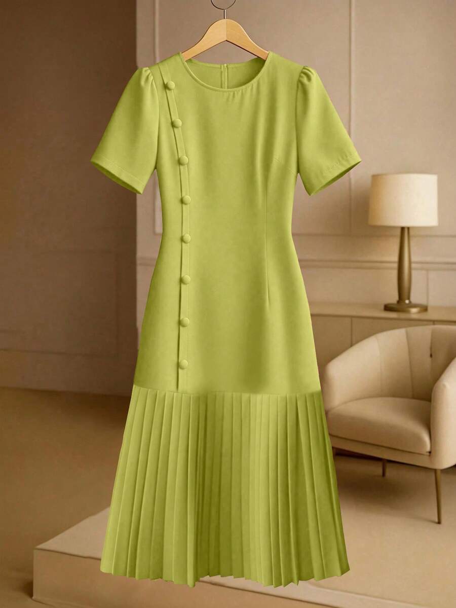 GlowEve CURVE Plus Size Women Elegant Solid Color Pleated Short Sleeve Dress - Olive Green - View 1