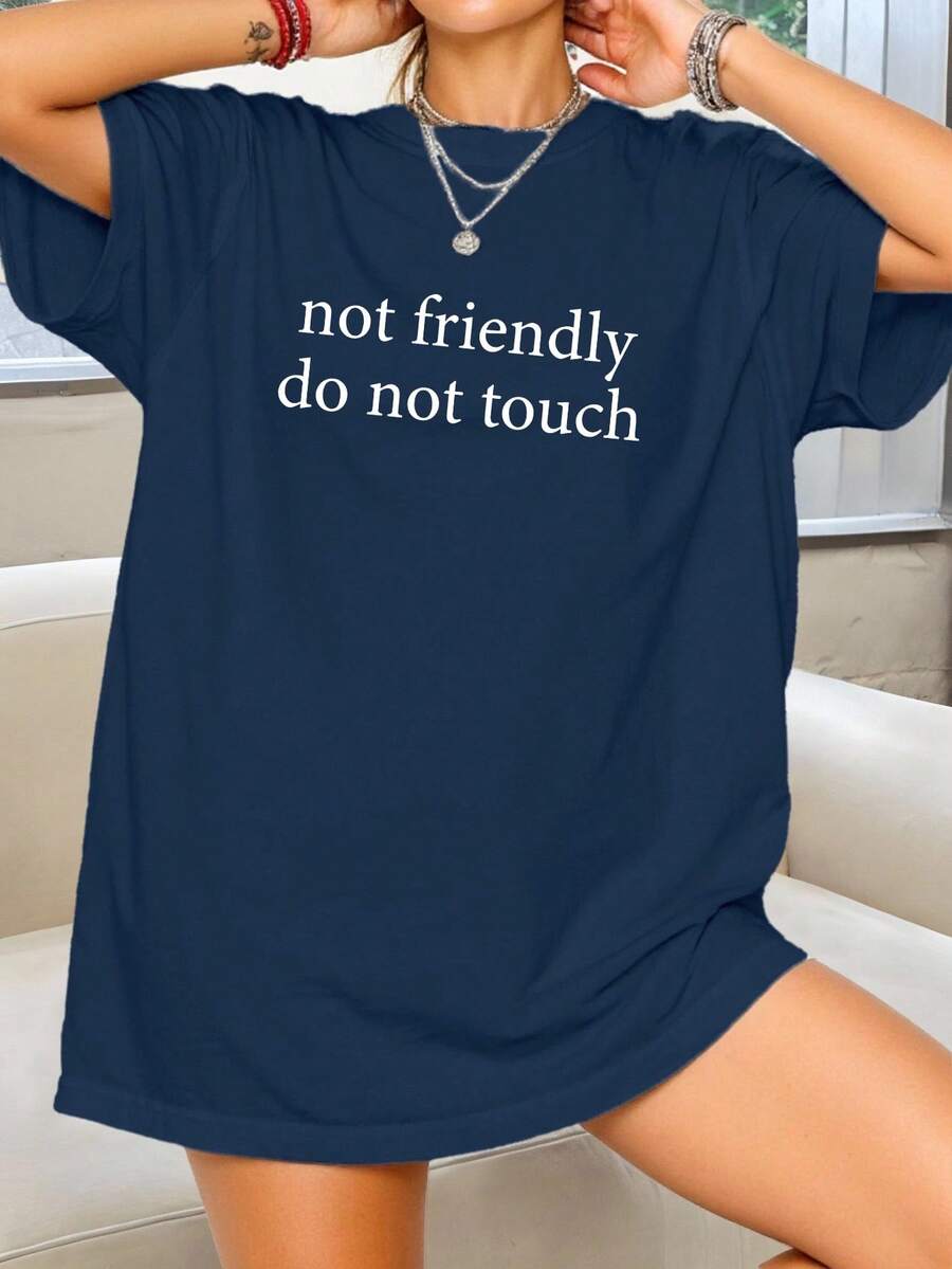 EMERY ROSE 大码字母标语“不友好，请勿触摸”图案T恤 女式短袖休闲上衣 - 藏蓝色 - 查看 1