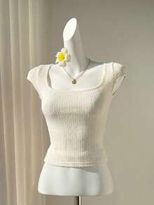 Elamini 女士杏色纹理针织高弹方领短袖修身T恤，甜美性感欧美风，春夏款 - 杏色 - 查看 4