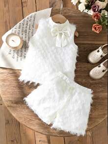 SHEIN Elladie kids 少女时尚羽毛流苏套装，蝴蝶结无袖上衣+配套短裤，优雅花卉蕾丝面料，舒适的夏季服装 - 白色 - 查看 3