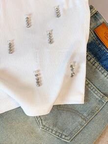 Lyxana Elegant Women's White Studded Shoulder Top - White - View 5