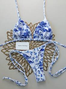 Swim Mod Summer New Vintage Ditsy Floral Halter Backless Tie-Side Bikini 2 Pieces Swimwear - Blue and White - View 2
