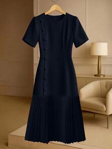 GlowEve CURVE Plus Size Solid Color Round Neck Short Sleeve Casual Versatile Summer Dress - Navy Blue - View 1