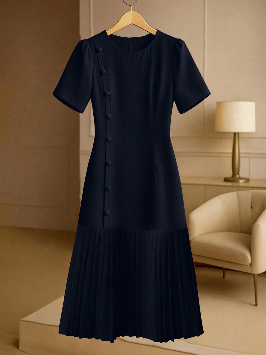 GlowEve CURVE Plus Size Solid Color Round Neck Short Sleeve Casual Versatile Summer Dress - Navy Blue - View 1