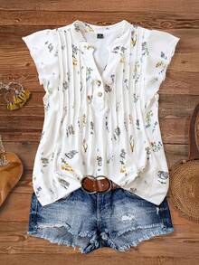 SHEIN LUNE CURVE Áo kiểu nữ cỡ lớn cổ chữ V họa tiết hoa nhí, viền bèo nhún, phong cách thường ngày. - Màu be - Xem 1