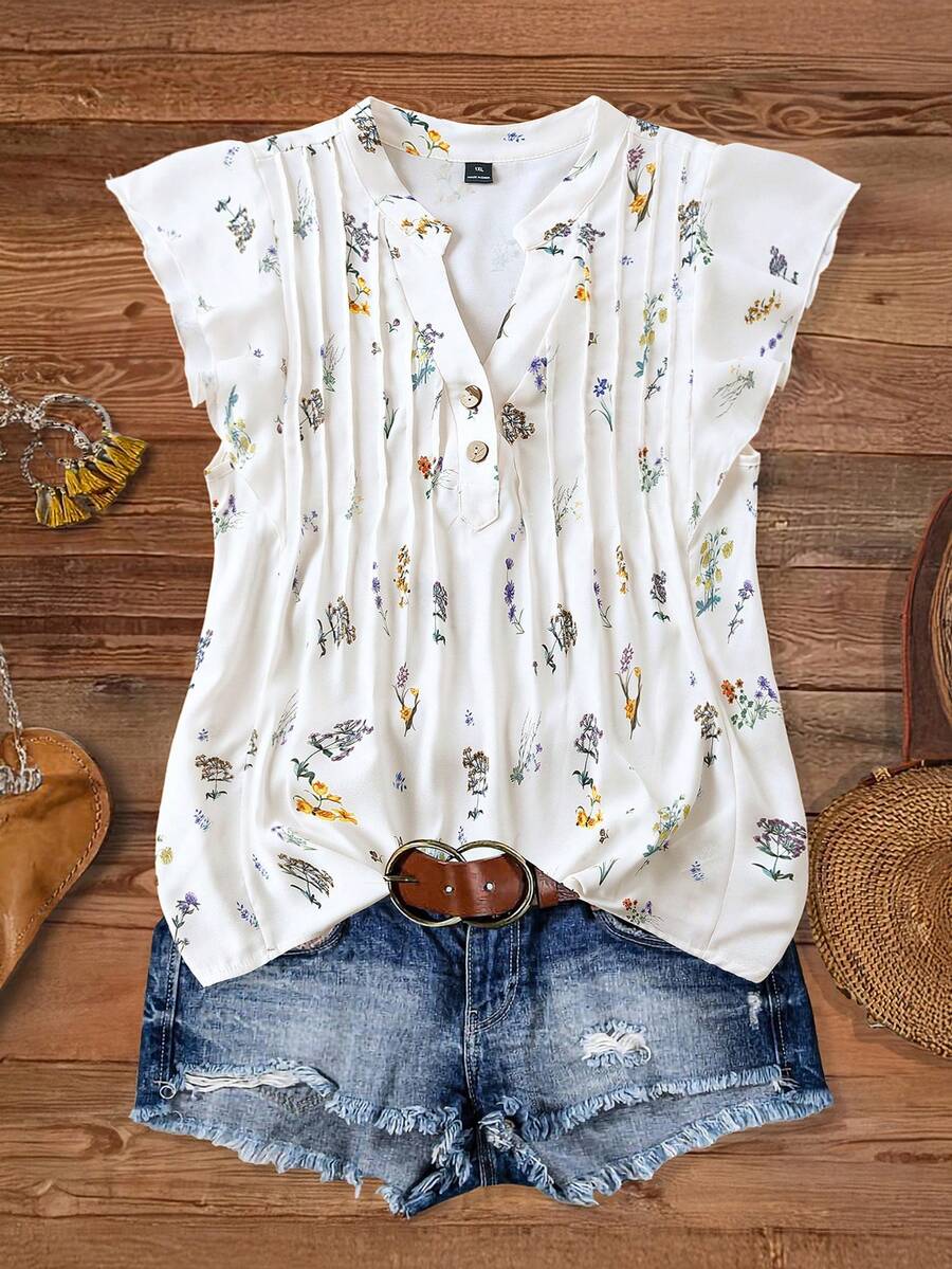 SHEIN LUNE CURVE Áo kiểu nữ cỡ lớn cổ chữ V họa tiết hoa nhí, viền bèo nhún, phong cách thường ngày. - Màu be - Xem 1