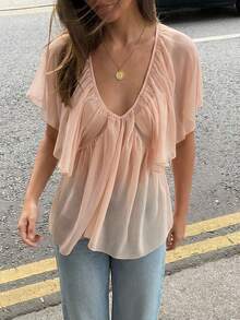 Aloruh Women's Deep V-Neck Romantic Ruffle Trim Blouse - Apricot - View 1