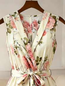 Franclia 女士碎花连体裤，阔腿设计，收腰，优雅时尚 - 杏色 - 查看 4