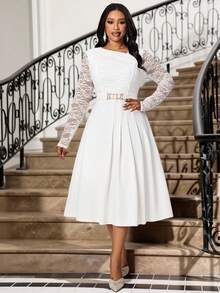 Fleurora 大码女式撞色蕾丝不对称领优雅连衣裙 - 白色 - 查看 7