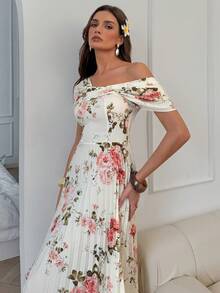 SHEIN Elenzya 不对称肩部褶皱A字印花优雅浪漫女式连衣裙 - 彩色 - 查看 4