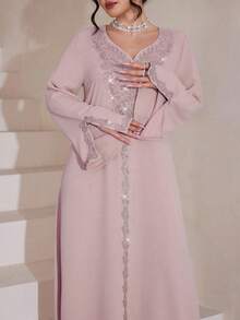 Al Najma Luxurious Embroidered & Beaded Loose Long Sleeve Split Maxi Dress, Turkish & Arabic Traditional Style - Purple - View 4