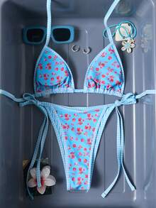 Swim Mod 女士休闲度假碎花吊带比基尼两件套泳衣 - 藍色 - 查看 3