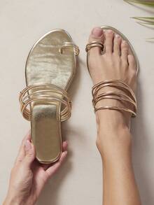 SHUZIA Women Comfy Vacation Toe Ring Slip-On Flat Sandals - Gold - View 1