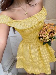 Sunnyshic Women's Red Plaid Off Shoulder Ruffled Hem A-Line Mini Dress, Fitted Waist, Sweet & Romantic Beach Vacation Style, Spring/Summer - Yellow - View 6