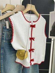 Franclia Áo khoác len dệt kim nhiều lớp phối màu tương phản kiểu Hàn Quốc mới dành cho nữ, áo cardigan không tay thời trang và trẻ trung, áo cardigan dệt kim hở nghệ thuật cho mùa thu/đông, áo len gile cho nữ, áo kiểu Trung Quốc, áo dây xích, áo sơ mi họa tiết hoa anh đào, áo len trắng, áo len viền đỏ, áo len gile không tay cho nữ. - Đỏ và trắng - Xem 10