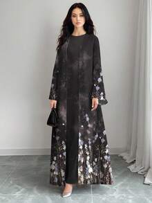 SHEIN Najma 女士复古渐变花卉印花休闲长袖阿拉伯长袍开衫外套，春秋季 - 彩色 - 查看 3