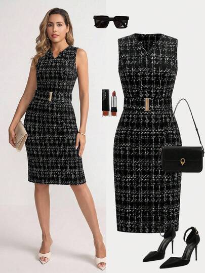 Ellevyn Women's Plaid V-Neck Elegant Waist Midi Dress, Suitable For Dates And Parties 2 Piece Skirt Sets Woman Tweed Two Piece Set Houndstooth Dress Work Dress For Office Tweed Dresses For Women Black, Fitted, Plaid Print Stretch Knit Midi Dress With A Cinched Waist; Elegant And Versatile For Work And Easy To Match; Includes Belt.