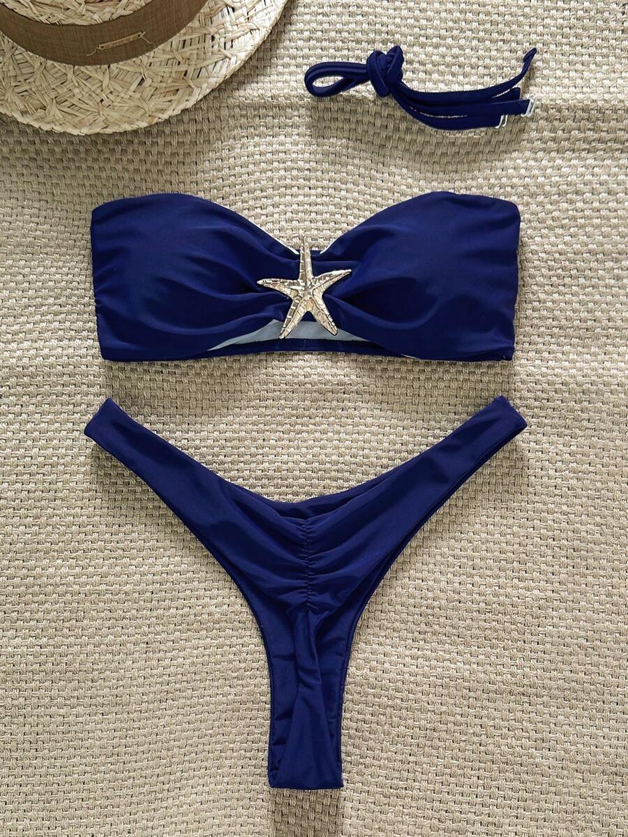 Swim Mod Bộ bikini hai mảnh màu trơn dành cho nữ, họa tiết sao biển trang trí kim loại, kiểu dáng gợi cảm, thích hợp cho mùa hè. - Màu xanh lam - Xem 1
