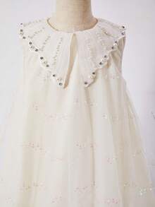 Tween Girl Pearl Decor Collar Sleeveless Mesh Cute Dress - Apricot - View 3