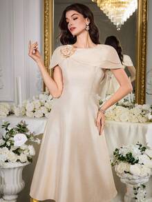 Modelyn Đầm dự tiệc cocktail sang trọng mới, kiểu dáng chữ A, vai bất đối xứng, thêu họa tiết cầu kỳ, eo thắt. - Màu be - Xem 6