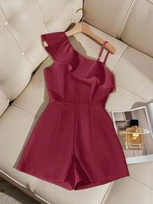 Franclia Elegant Commuter Ruffled Asymmetric Collar Romper, Summer Cute Romper Women Ruffle Romper Short Jumpsuit Dress Romper Romper Jumpsuit - Burgundy - View 2