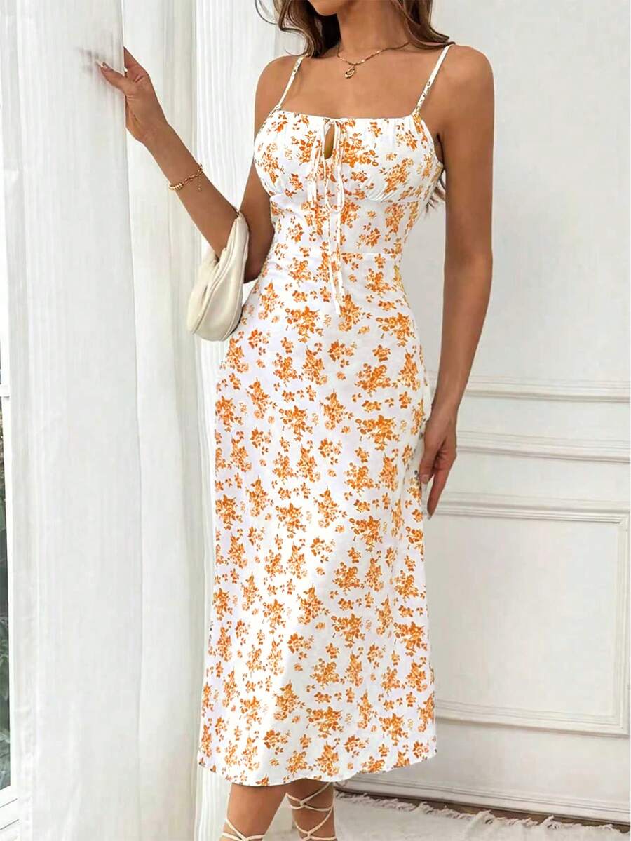 Pariaura 女士夏季度假碎花吊带连衣裙 橙色碎花连衣裙 夏季优雅连衣裙 长款度假连衣裙 橙色沙滩连衣裙 吊带连衣裙 女士夏季长裙 女士夏季套装 度假装 女士度假连衣裙 女士春季连衣裙 女士夏季连衣裙 - 黃色 - 查看 1