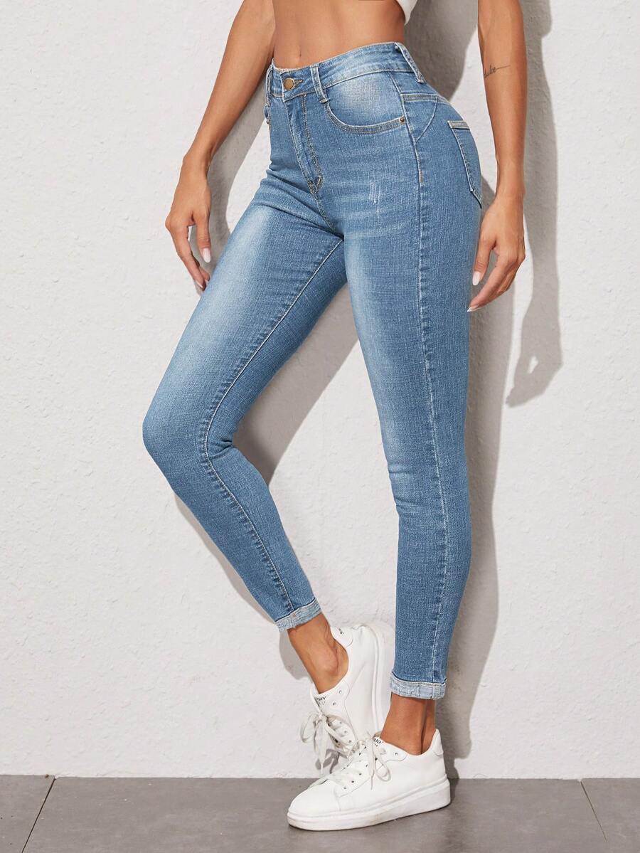 SHEIN PETITE Women's Casual Washed High Waist Skinny Jeans - Light Wash - View 1